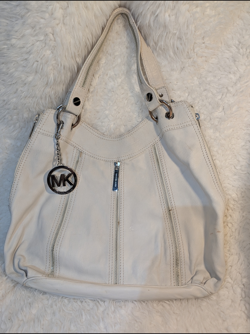 Michael Kors White Leather Shoulder Bag with MK Charm